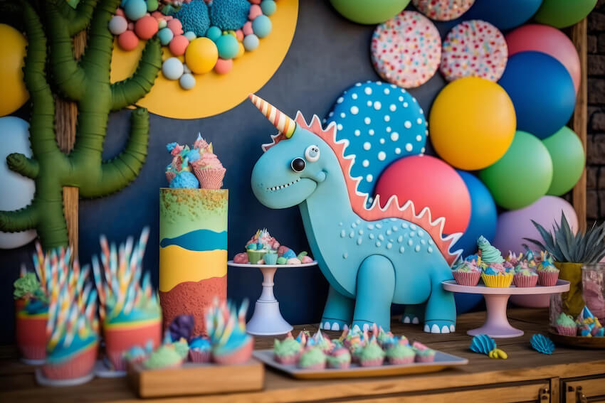 Dinosaur baby shower: dinosaur themed desserts on a table