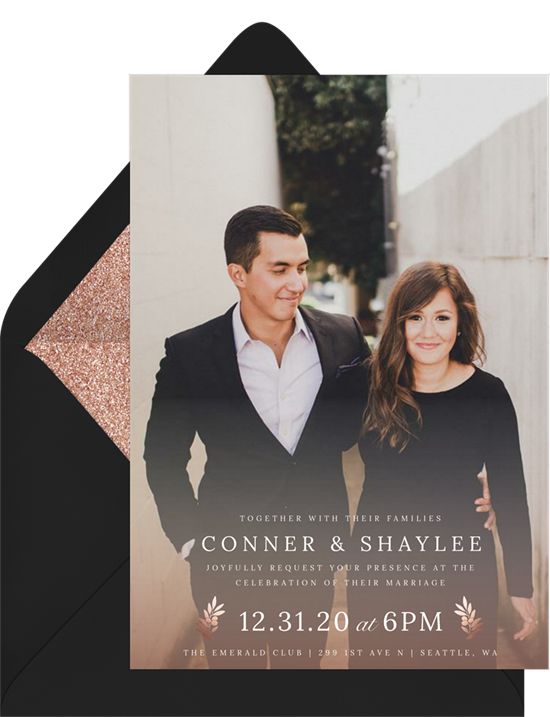 Photo wedding invitation examples with a full-bleed photo and modern text