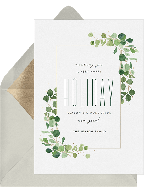 A modern holiday card with an elegant eucalyptus border and editable text where you can place your won holiday wishes