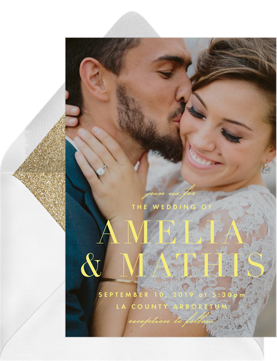 Affordable wedding invitations with a full-bleed photo of the couple