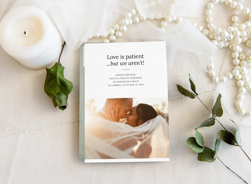 Announcing elopement: elopement announcement card, candle, and some leaves