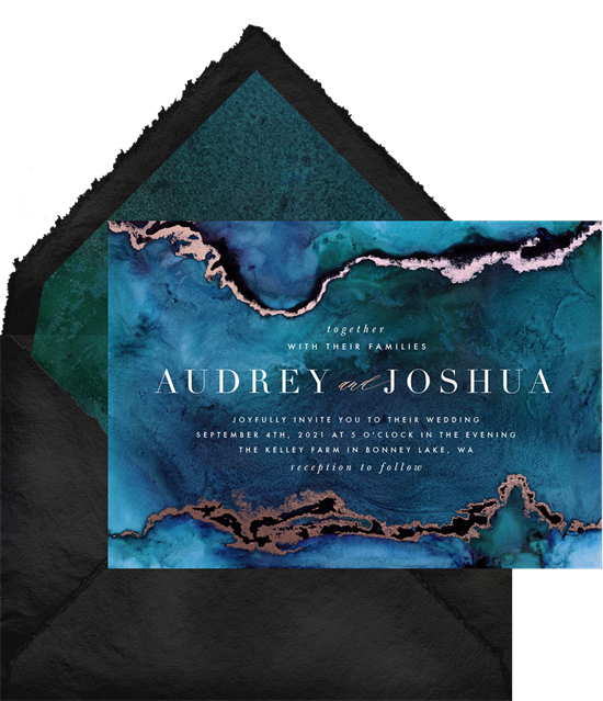 Abstract wedding invitation examples with dark blue alcohol ink suggesting the ocean