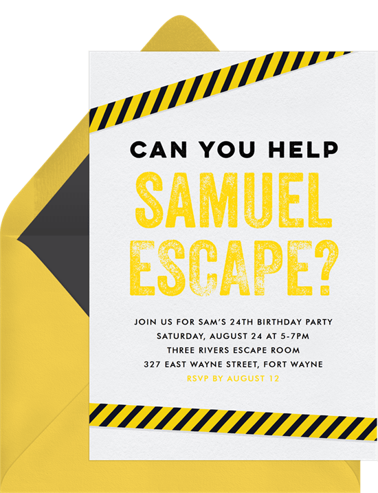 teen birthday party ideas: escape room invitation