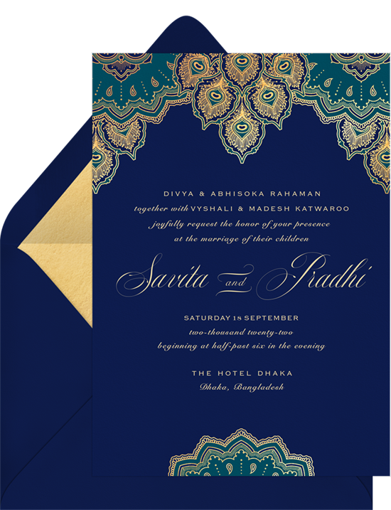 Indian-inspired wedding invitation examples with peacock colored madalas