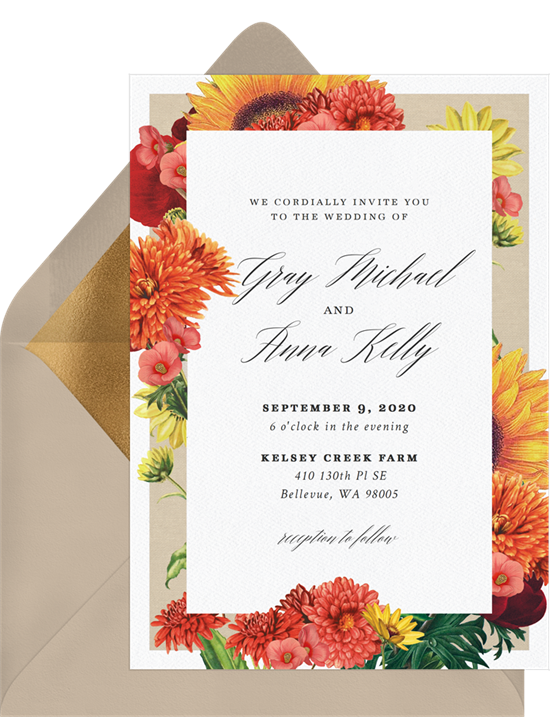 fall wedding ideas: fall floral wedding arch invitation from Greenvelope