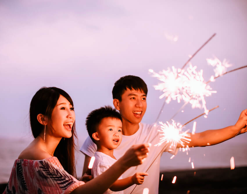 Happy Lunar New Year: family happily holding some sparklers