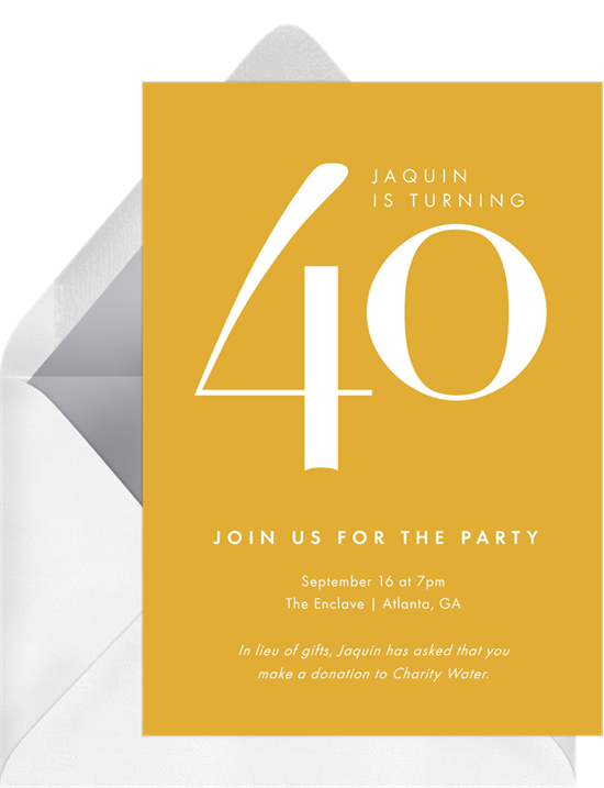 Yellow birthday invitations online with a giant 40 in the center
