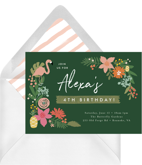 tropical party: green flamingo and flower themed invitation