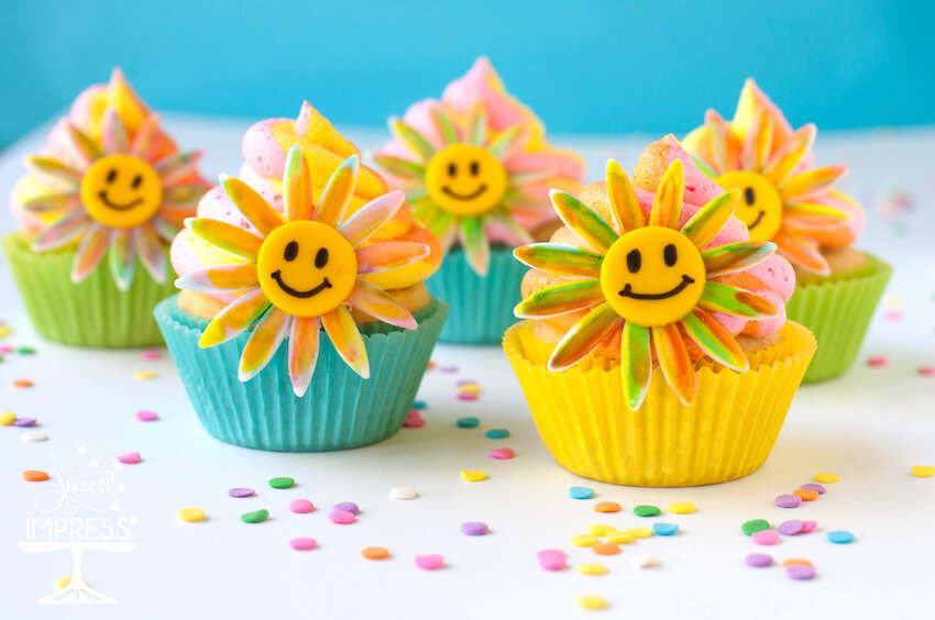 Two groovy birthday: flower themed cupcakes