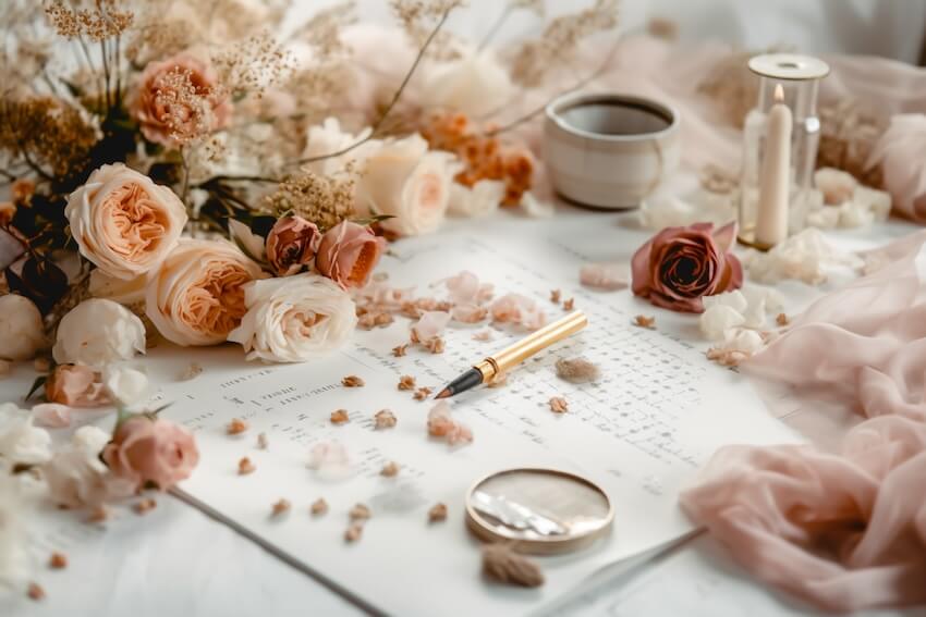 Wedding day timeline: roses, a pen, and a candle on a table