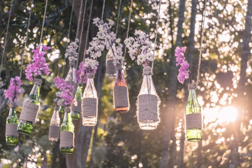 Flowers in bottles hanging on a tree