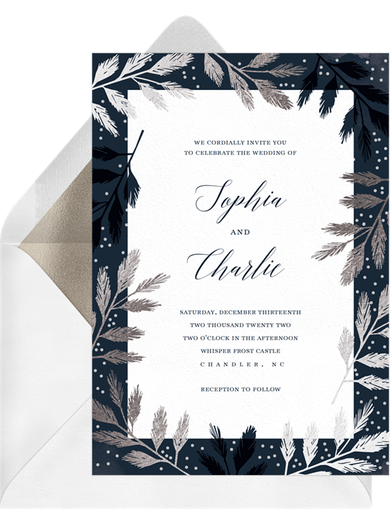 Winter-themed digital wedding invitations with silver branches around the border