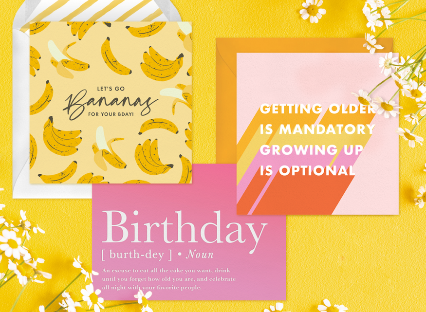 Funny Birthday Cards: Pink and yellow theme
