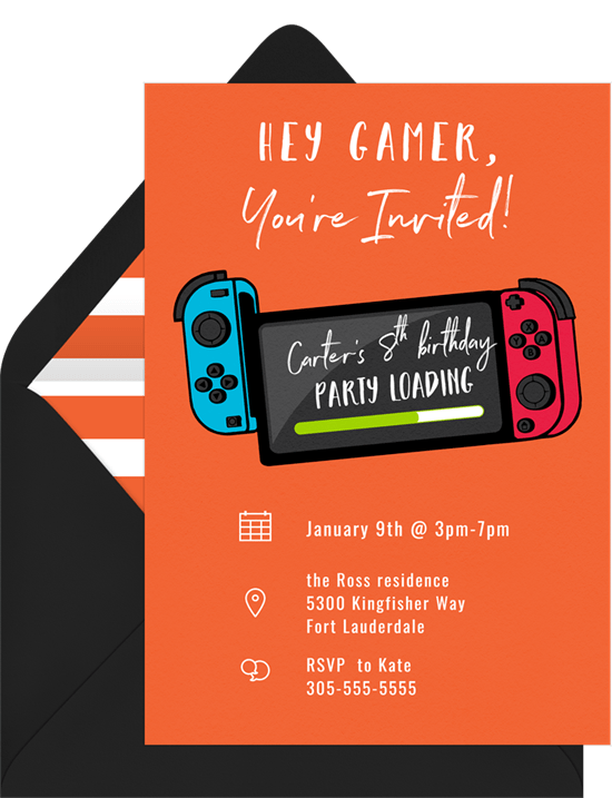 game night invitation with a Nintendo switch on main design from Greenvelope