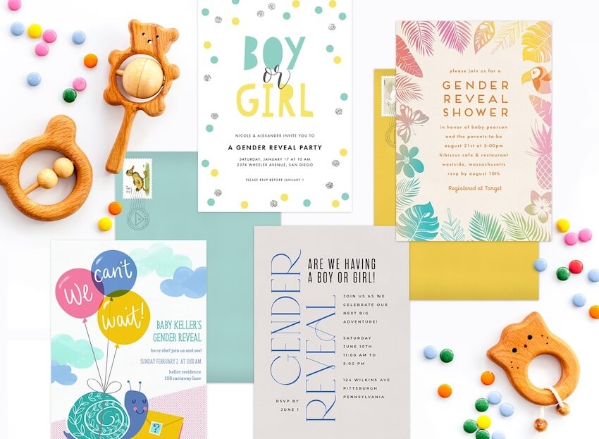 Gender reveal invitations and some baby toys