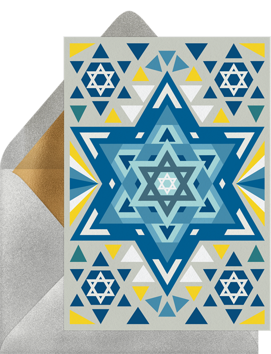 Digital holiday cards with a geometric, mosaic Star of David pattern