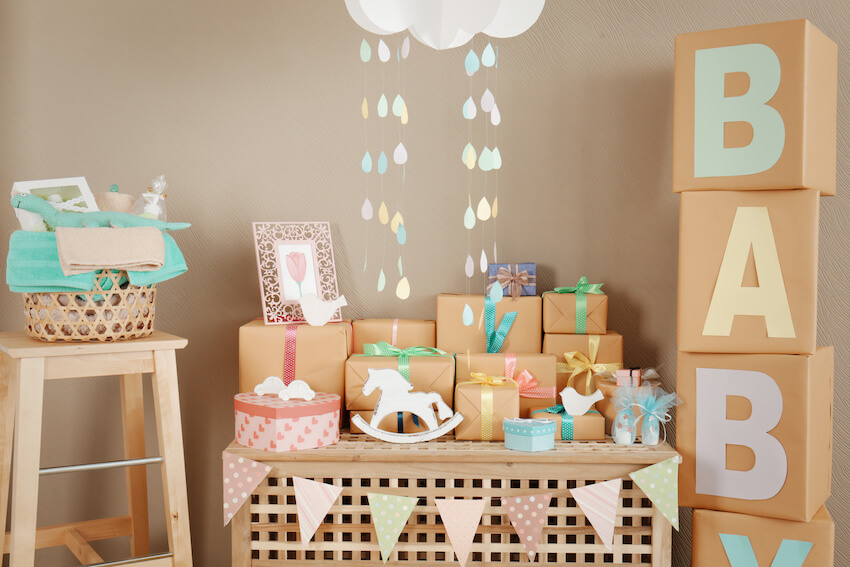 Gifts and decorations for a baby shower