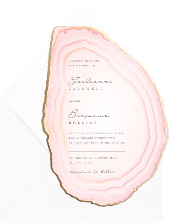 Luxurious, modern wedding invitation examples cut out in the shape of an agate slice with a gold-foil border