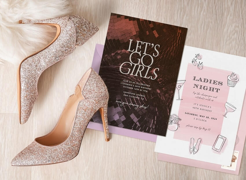 Girls night ideas: ladies night invitations and a pair of heels