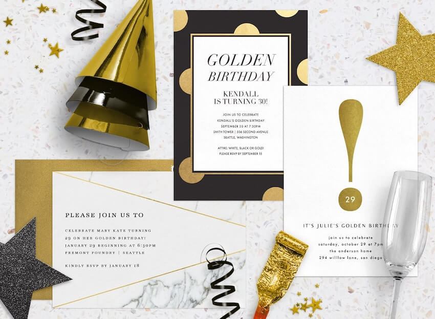Golden birthday invitations and party hats