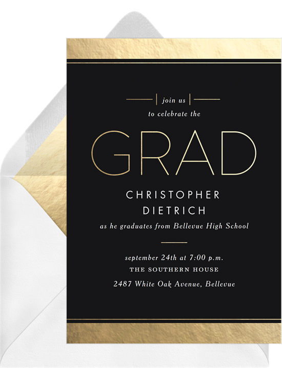 Black and gold online graduation invitations that read "GRAD" in serif font
