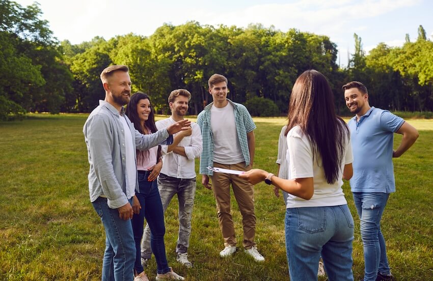 Community building activities: group of coworkers talking to each other