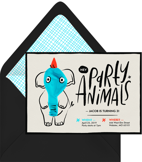 1st birthday invitations: the Hey Party Animals invitation design from Greenvelope