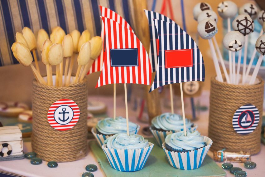 nautical theme baby shower decor: different kinds of snacks on the table