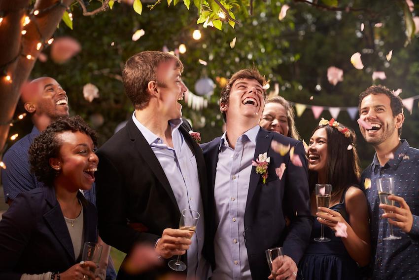 Backyard wedding: Married couple celebrating