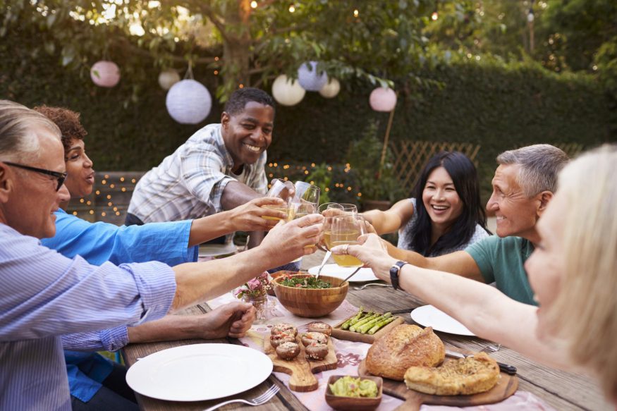 A group of friends having a toast during a backyard party