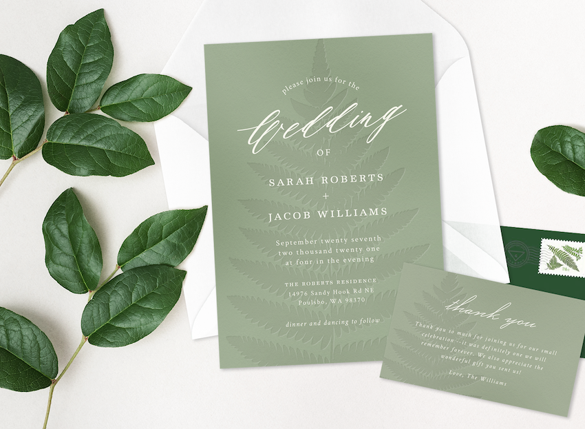 Backyard wedding: Mint green leaves wedding invitation