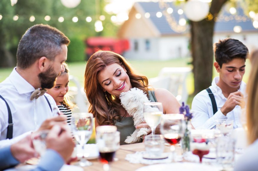 intimate wedding: Wedding guests sitting at the table