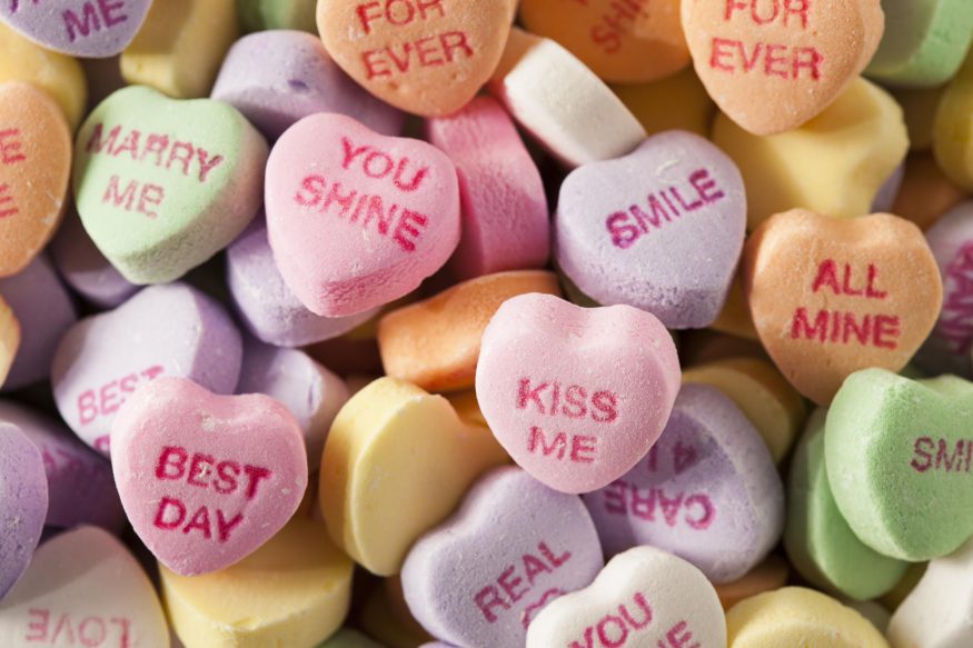 Valentines Day quotes: Close up shot of Sweethearts candies