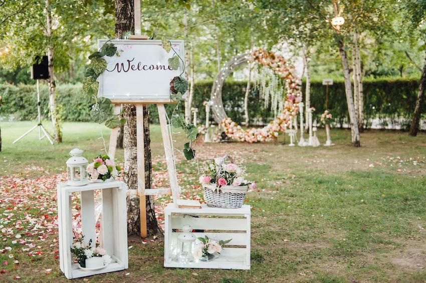 backyard wedding reception entrance decoration