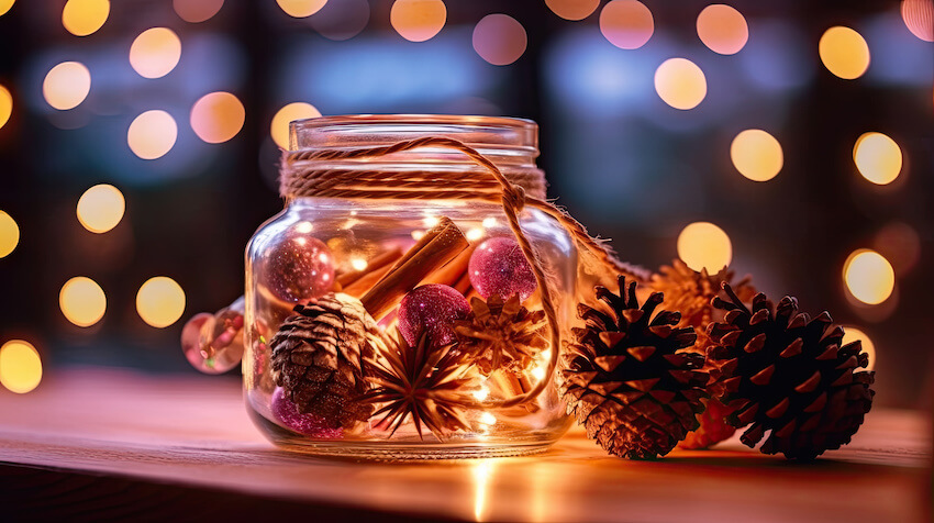 Holiday party: jar filled with ornaments and spices