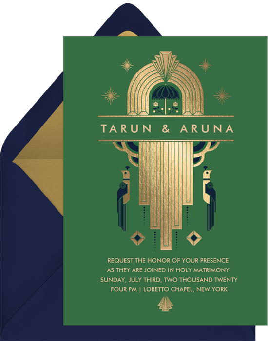 Art Deco wedding invitation examples with a green background and gold accents