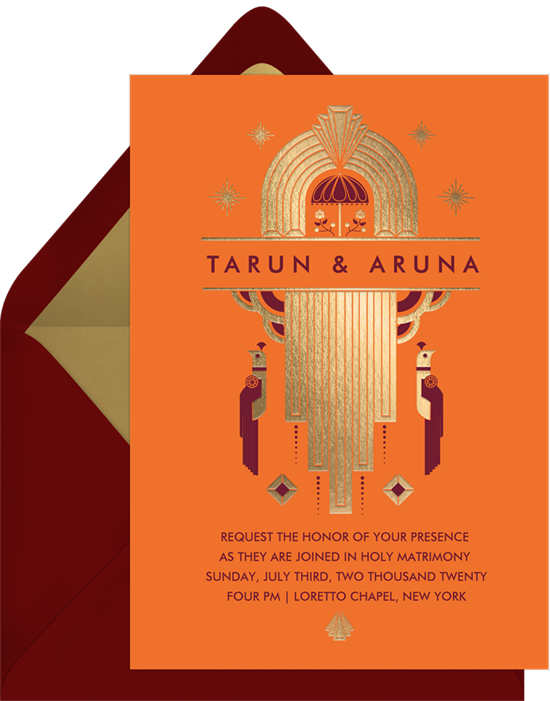 Affordable wedding invitations with a gold-foil, Indian-inspired, art-deco design