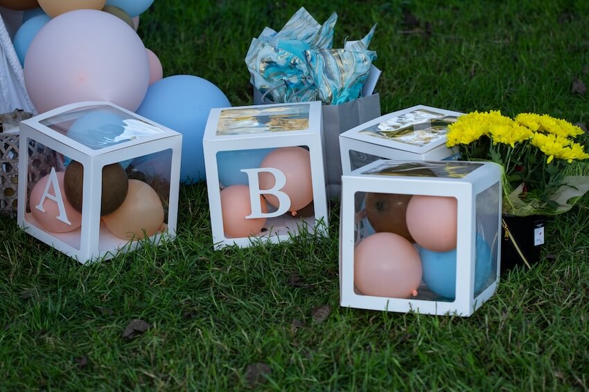 Jumbo baby blocks, balloons, and flowers on the grass