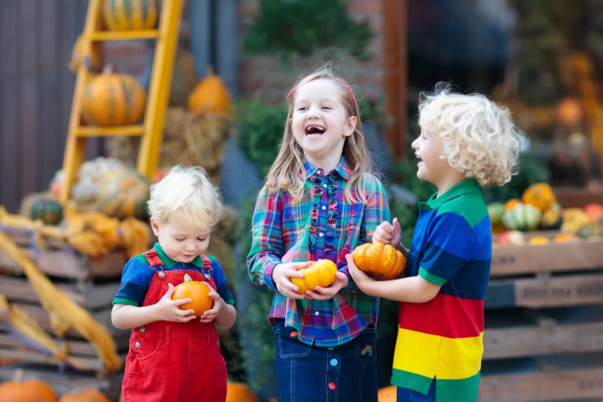 Kids at a pumpkin patch holding small pumpkins