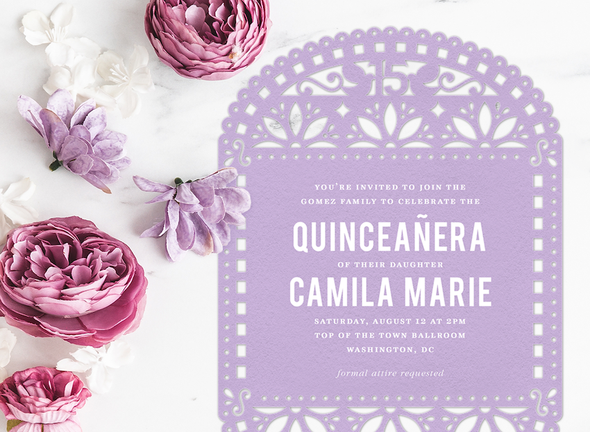 quince invitations wording: lavender with flowers themed quince invitation