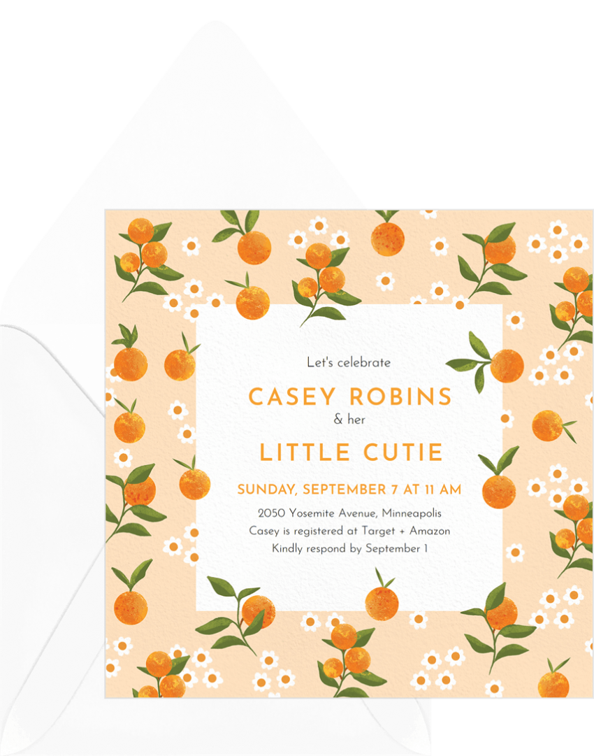 Baby shower invitation featuring an illustrated border of oranges and text suited to a "little cutie" baby shower theme