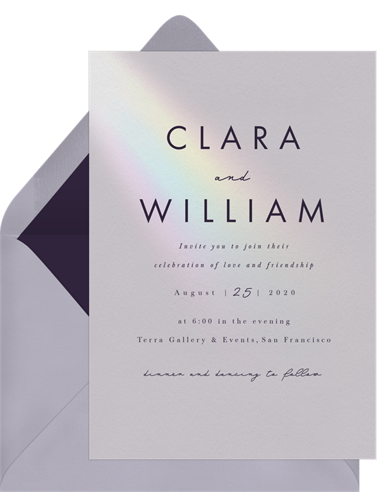 Minimalist wedding wedding invitation examples with modern text and a prism of rainbow-colored light