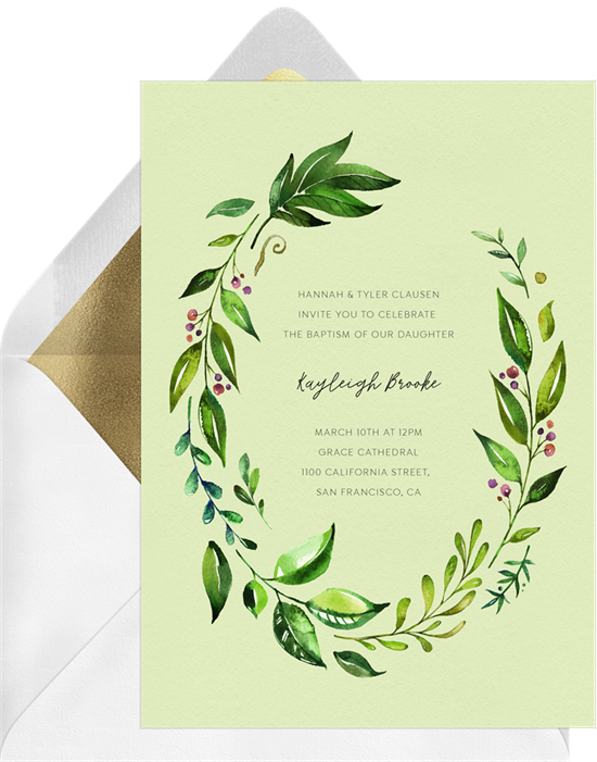 Lovely Leafy Wreath baptism invitations from Greenvelope