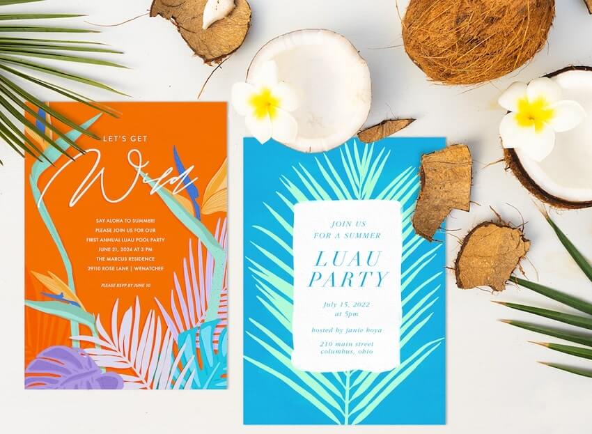 Luau party invitations and some coconut shells