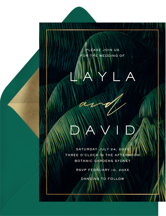 Affordable wedding invitations with a high-contrast image of palm fronds