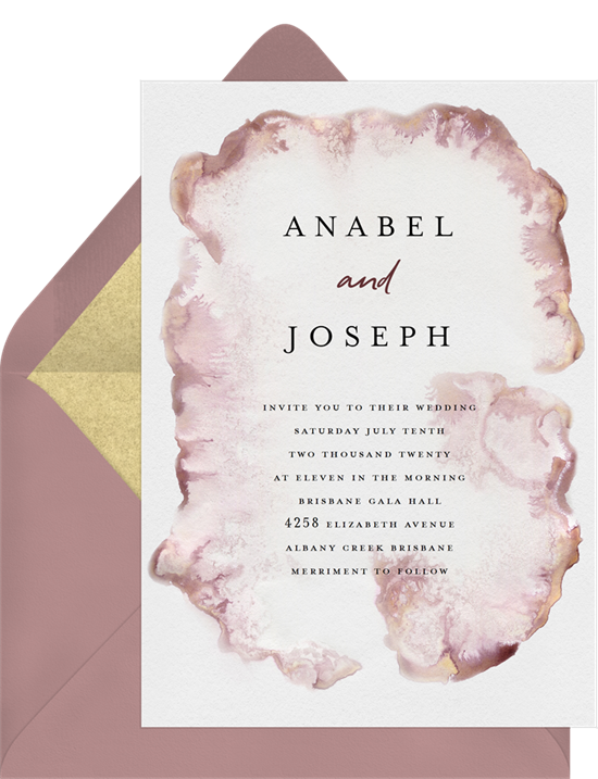 Modern, watercolor wedding invitation examples with a flowing ink-stained border around text