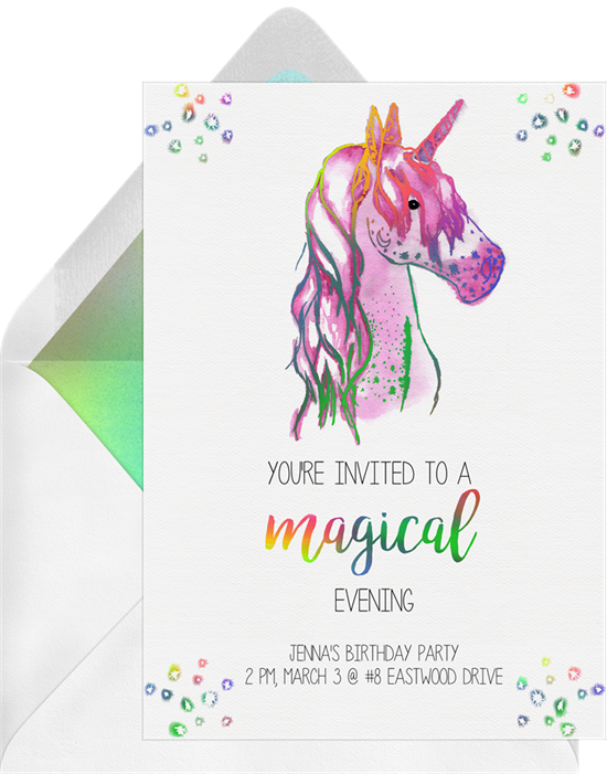 Rainbow-colored birthday invitations online featuring a watercolor unicorn