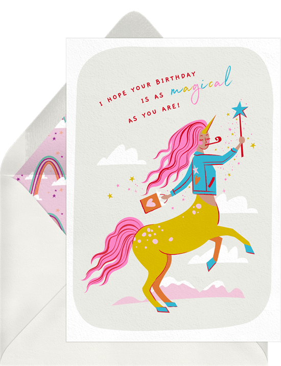 Birthday card featuring a custom illustrated centaur/unicorn with flowing pink hair, surrounded by clouds and glittering stars. The birthday message reads, "I hope your birthday is as magical as you are!"