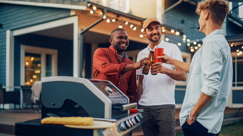 Diaper party: men happily drinking together