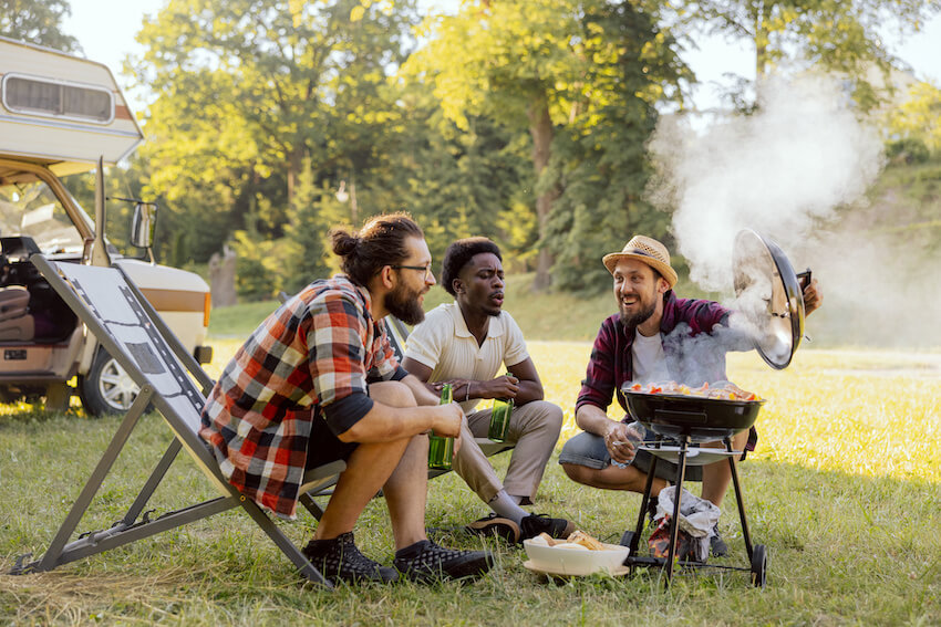 Diaper party: men happily grilling outside